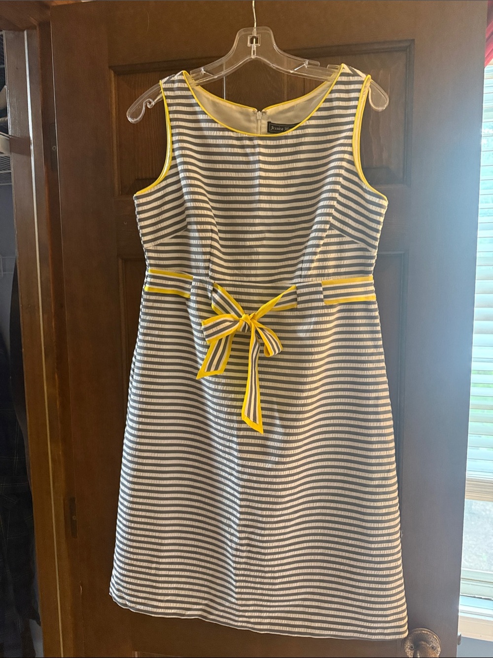 Jessica Howard Navy & White Striped Sleeveless Dress with Yellow Trim